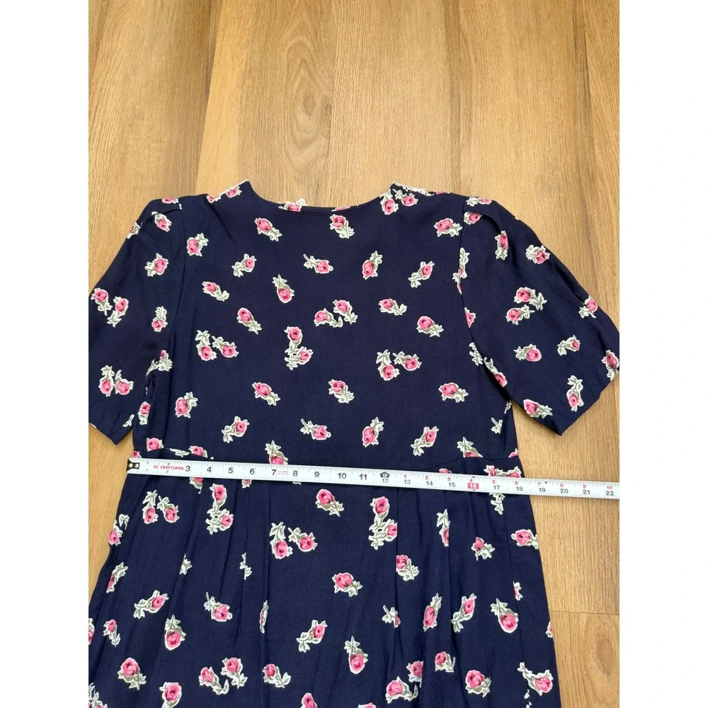 Vintage Floral Midi Dress Navy Pink Lace Collar Pearl Buttons cottage prairie
